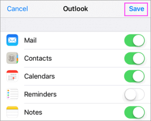Select email sync options: Mail, Contacts, Calendars, Reminders, Notes