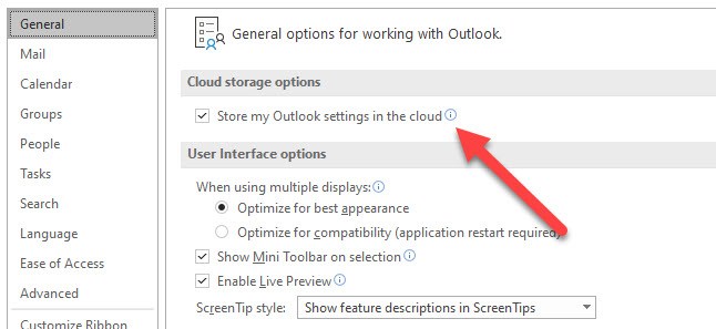 Office 365 Outlook Settings Store in Cloud